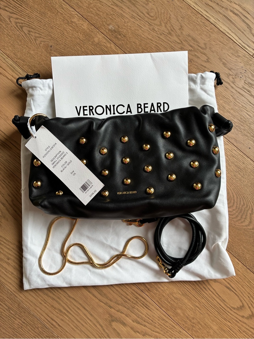 Veronica Beard Black Leather Crossbody with Gold Studs
